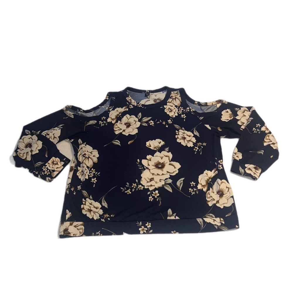 Navy Floral Cold-Shoulder XL Blouse with Cream and Brown Accents